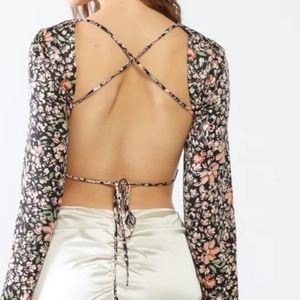Black + Peach Floral Long Sleeve Criss-Cross Open Back Crop Top